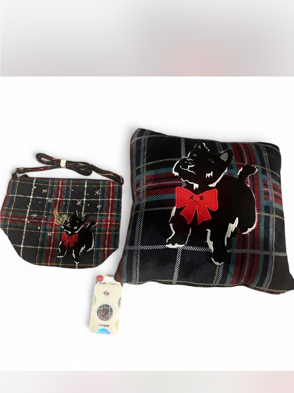 New Vera Bradley plaid Scottie Dog Pillow and tote Bag, pop socket Set